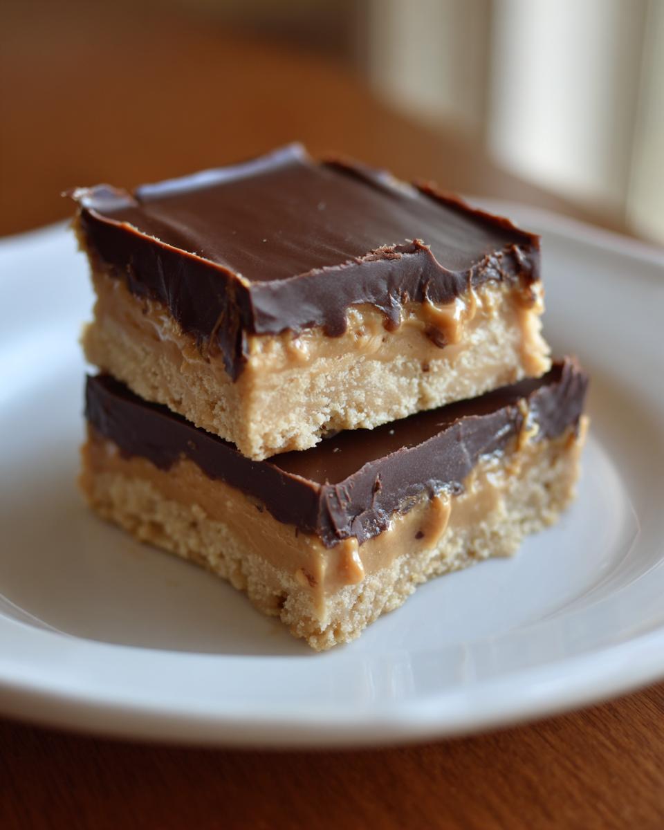 Two stacked, decadent no-bake peanut butter bars featuring a thick shortbread base, creamy peanut butter layer, and rich chocolate topping.