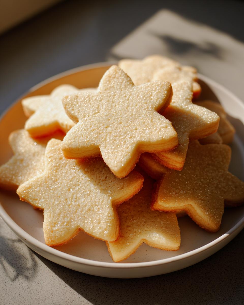 A close-up stack of golden, star-shaped sugar cookie treats sprinkled with coarse sugar.