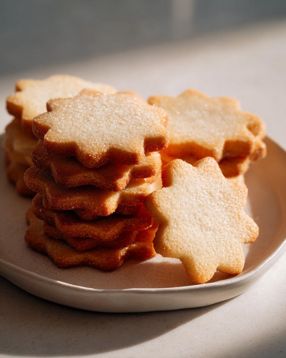 A stack of golden brown, star-shaped sugar cookie treats sprinkled with fine sugar.