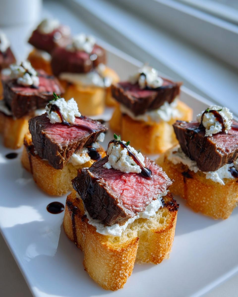 Close-up of several steak crostini bites featuring medium-rare steak, goat cheese, and balsamic glaze on toasted bread.