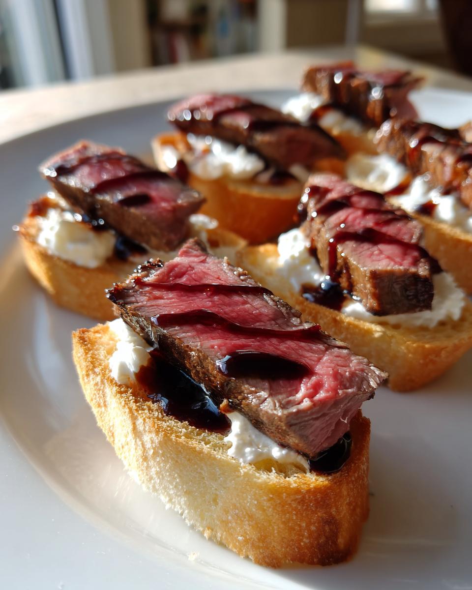 Close-up of several steak crostini bites topped with rare steak, creamy cheese, and a dark glaze.