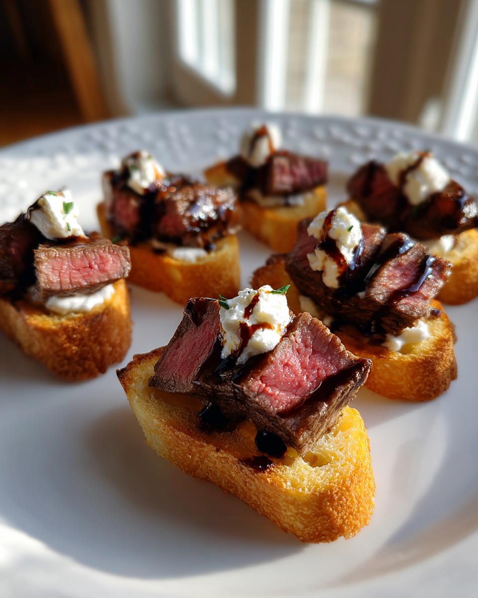 Several perfectly cooked steak crostini bites topped with cheese and balsamic glaze, ready to serve.