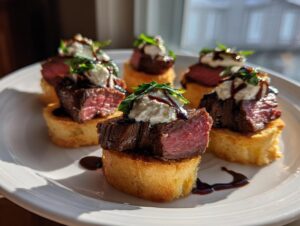 Close-up of five steak crostini bites featuring medium-rare steak, creamy cheese, and balsamic glaze on toasted bread.