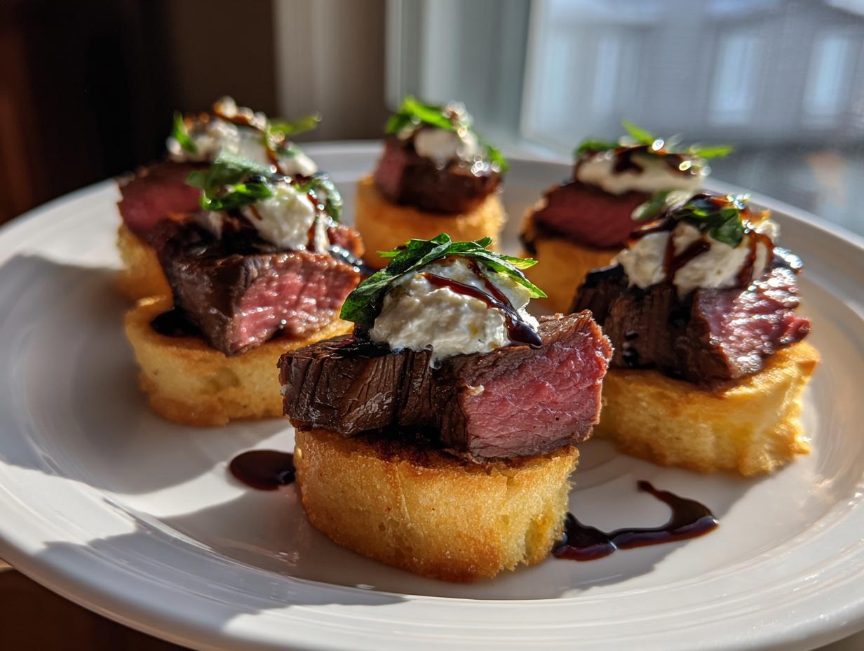 Close-up of five steak crostini bites featuring medium-rare steak, creamy cheese, and balsamic glaze on toasted bread.