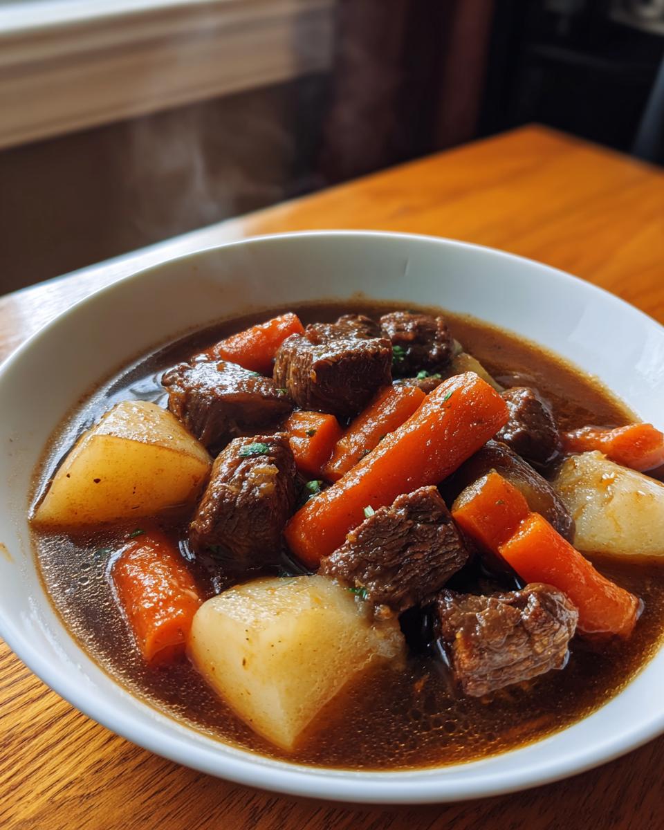 Close-up of a steaming white bowl filled with rich, dark brown pork stew featuring chunks of meat, carrots, and potatoes.