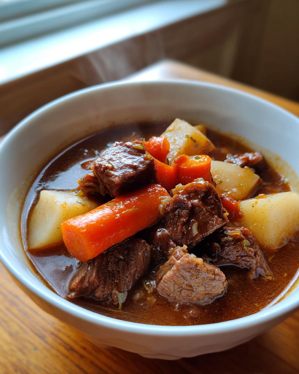 Close-up of a steaming white bowl filled with rich, dark Amazing 8-Hour pork stew chunks, carrots, and potatoes.