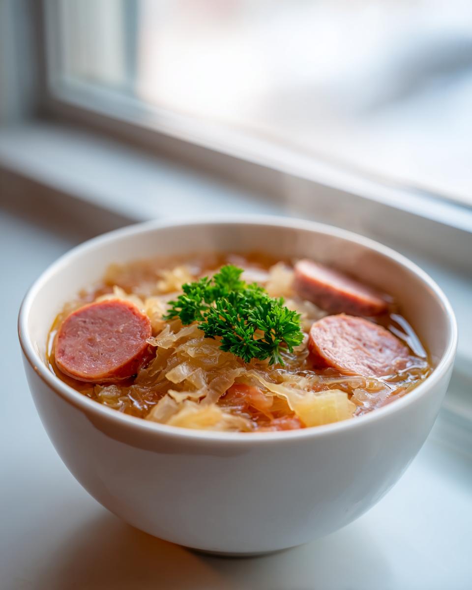 A close-up of a steaming white bowl filled with hearty sauerkraut soup, featuring slices of smoked sausage and garnished with fresh parsley.