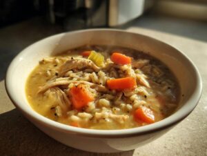 Close-up of a steaming white bowl filled with creamy wild rice soup featuring shredded chicken, bright orange carrots, and celery.