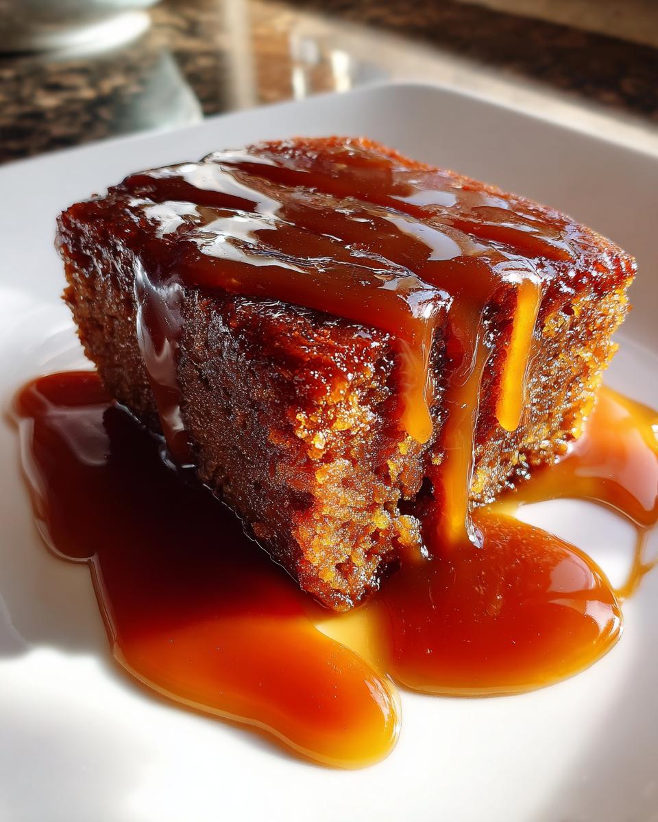 A square slice of rich, moist sticky toffee pudding recipe drenched in thick, glossy toffee sauce.