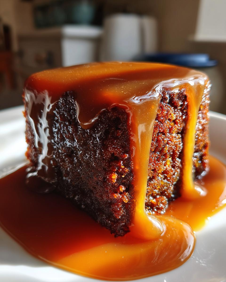 Close-up of a rich, dark slice of sticky toffee pudding generously covered in warm toffee sauce.