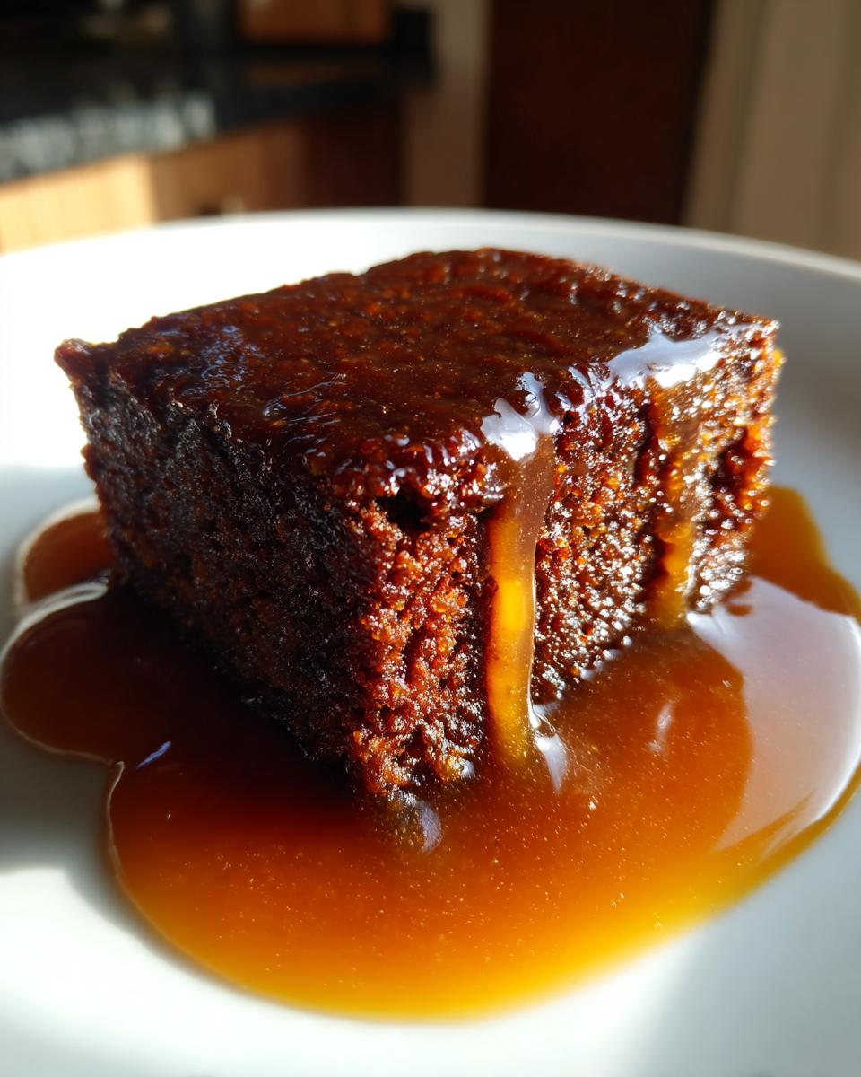 A close-up of a square of moist sticky toffee pudding recipe drenched in rich toffee sauce.