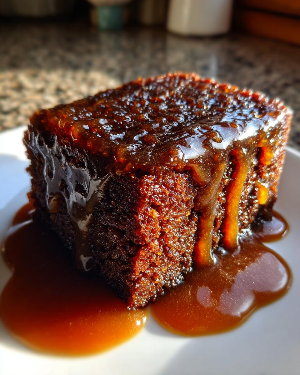Close-up of a rich, dark slice of sticky toffee pudding recipe drenched in glossy toffee sauce.