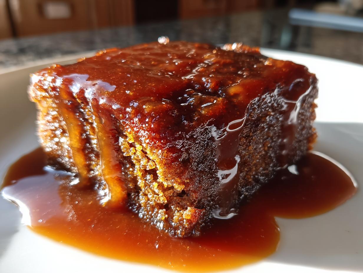 A close-up of a square slice of rich, dark sticky toffee pudding recipe drenched in glossy toffee sauce.