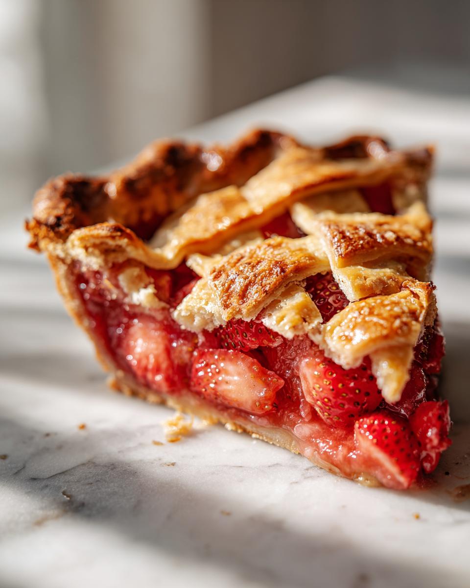 Close-up of a juicy slice of strawberry rhubarb pie featuring a golden lattice crust and bright red filling.