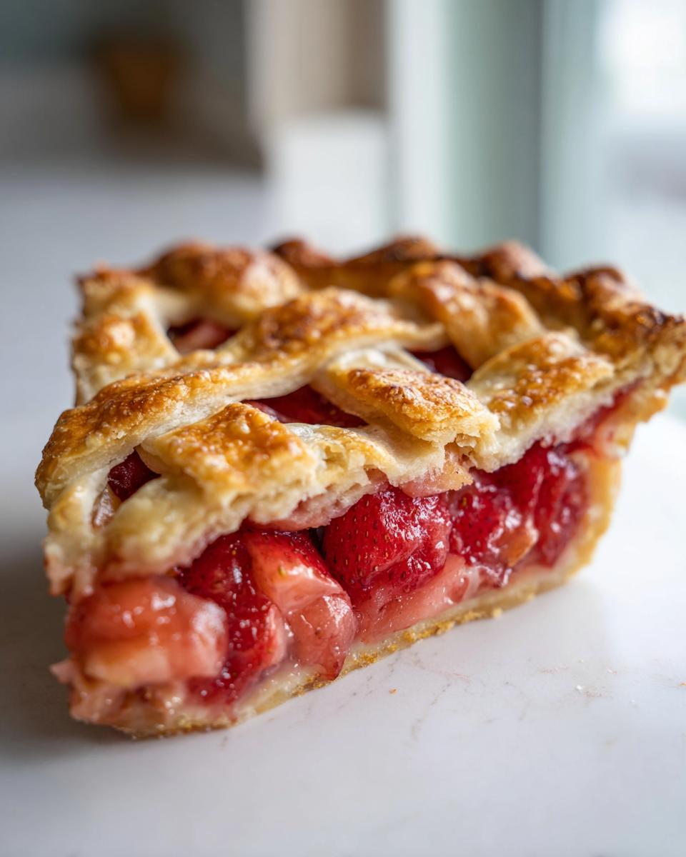 Close-up of a thick slice of strawberry rhubarb pie showing juicy filling and a golden lattice crust.