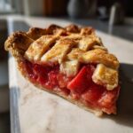 Close-up of a slice of strawberry rhubarb pie showing the bright red filling and golden lattice crust.