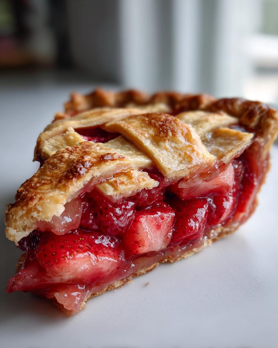 Close-up of a juicy slice of strawberry rhubarb pie showing the thick, red filling and golden lattice crust.