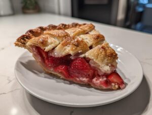 A close-up of a juicy slice of strawberry rhubarb pie featuring a golden lattice crust sprinkled with sugar.