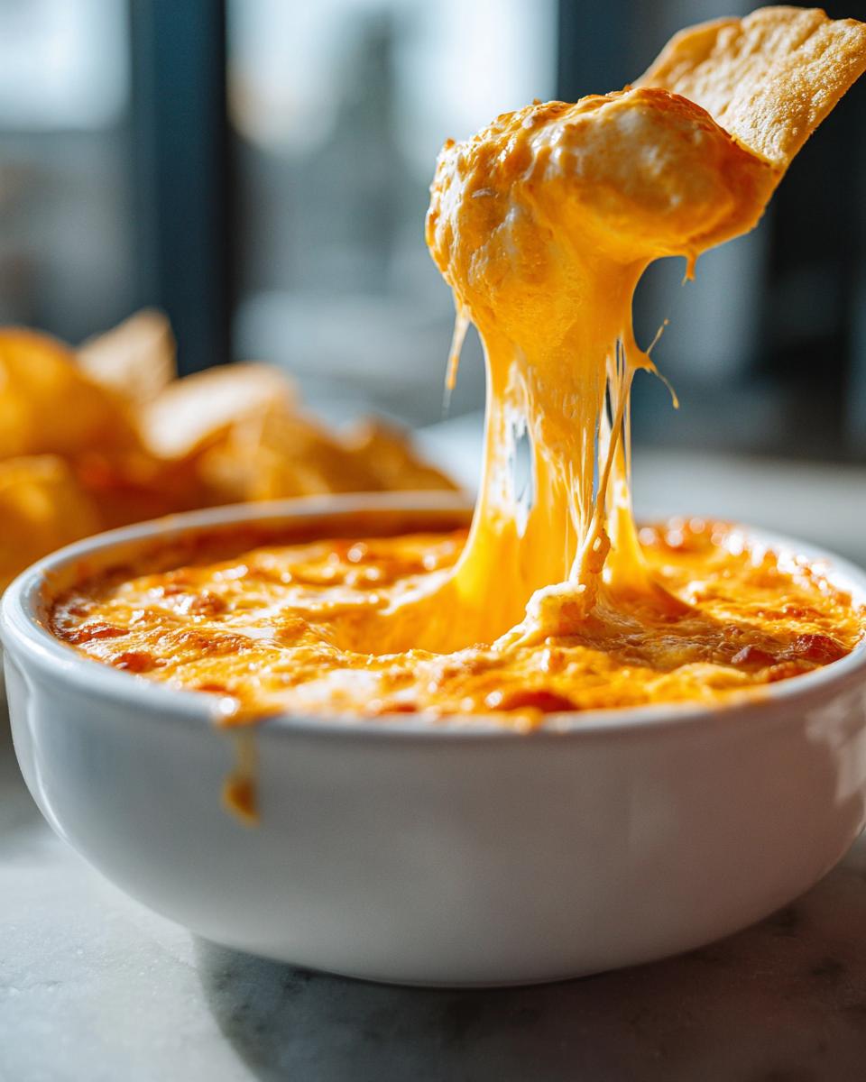 Close-up of a tortilla chip pulling up extremely stretchy, melted beer cheese dip from a white bowl.