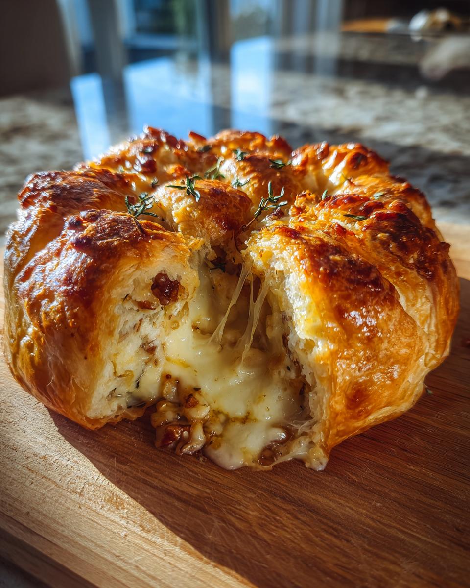 Close-up of a golden brown baked brie wrapped in pastry, oozing melted cheese and topped with fresh thyme sprigs.