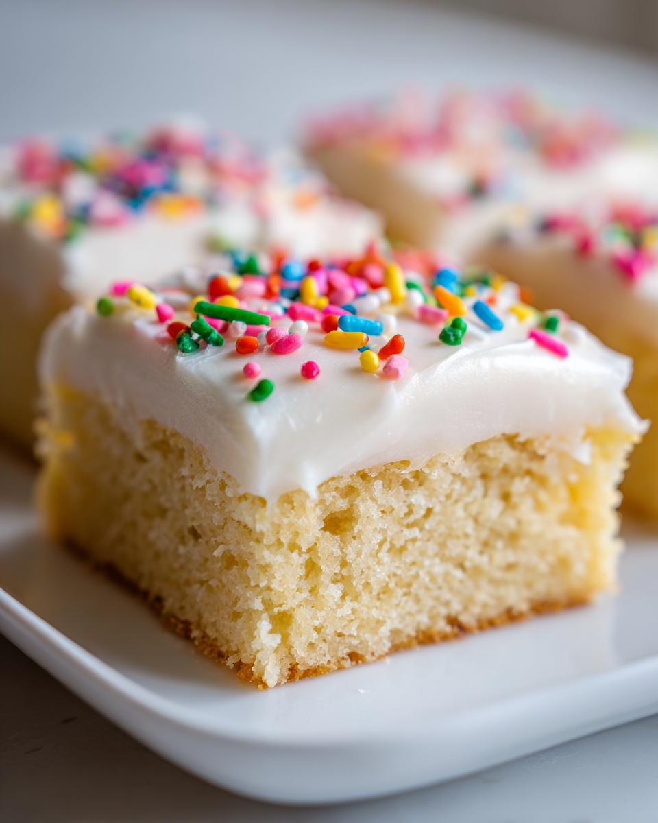 A close-up of a square slice of soft sugar cookie bars topped with thick white frosting and colorful sprinkles.