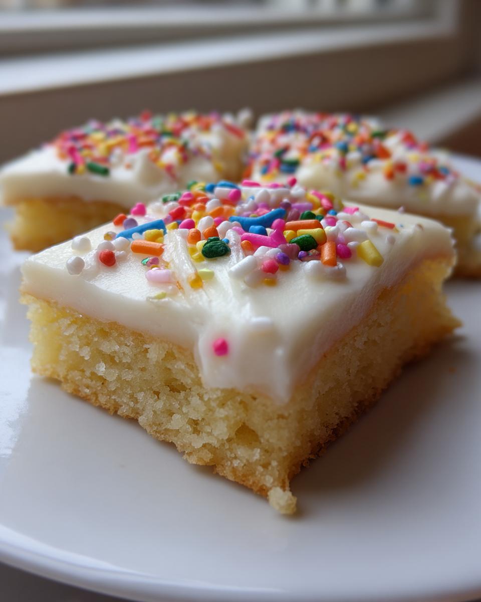 A close-up of a square, thick sugar cookie bars piece topped with white frosting and colorful sprinkles.