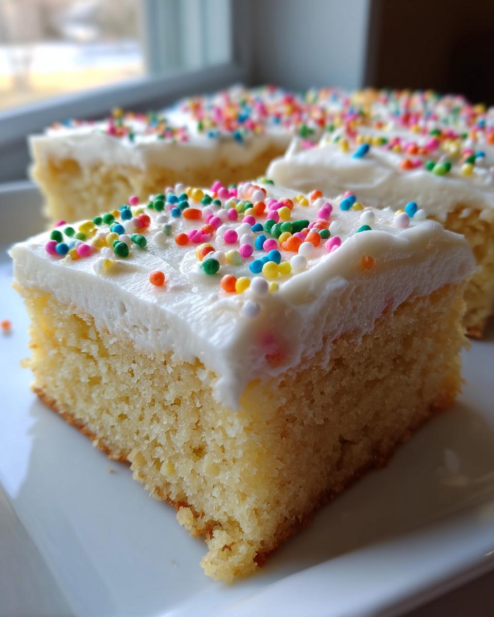 A close-up of a square slice of soft, yellow sugar cookie bars topped with thick white frosting and colorful sprinkles.