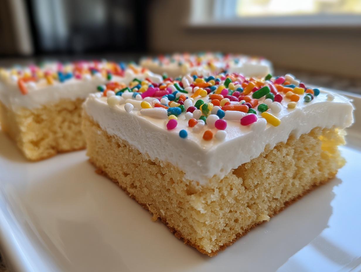 A close-up of a thick slice of soft sugar cookie bars topped with white frosting and colorful sprinkles.