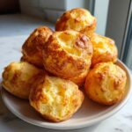 A stack of freshly baked, golden-brown brazilian cheese bread puffs piled high on a light-colored plate.