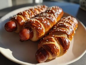Three freshly baked pretzel dogs with shiny, dark brown crust and coarse salt crystals, resting on a light plate.