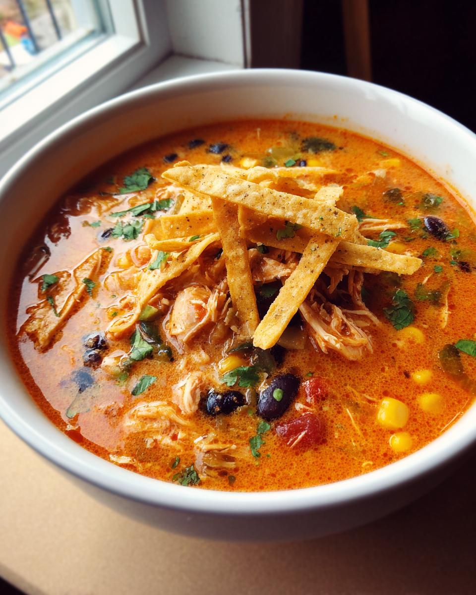 A close-up, appetizing view of a bowl of creamy, orange-hued tortilla soup recipe topped with shredded chicken, black beans, corn, cilantro, and crispy tortilla strips.