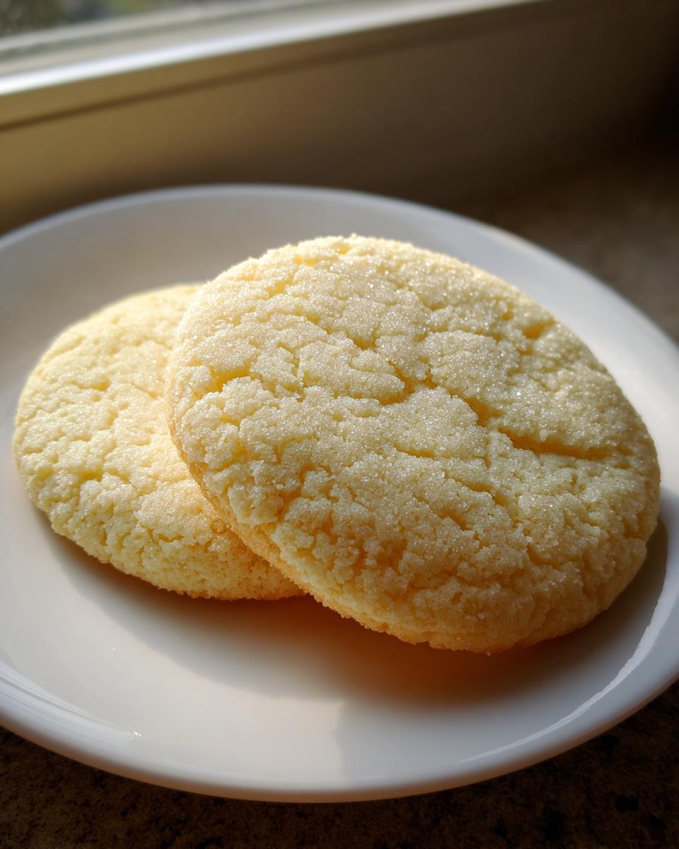 Two round, pale yellow soft sugar cookies coated in granulated sugar resting on a white plate.