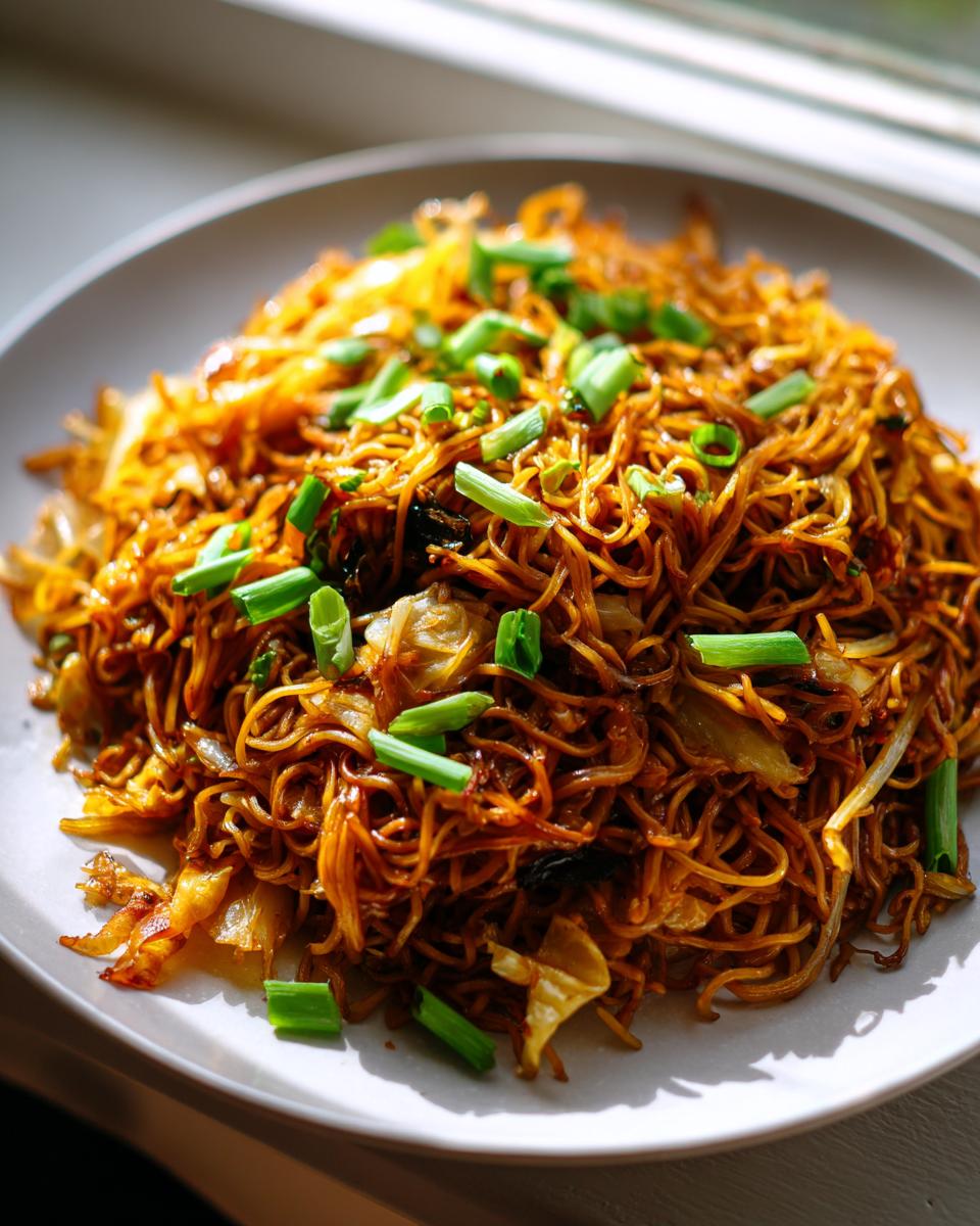 A close-up of a generous serving of ultimate fried noodles, garnished with bright green chopped scallions.
