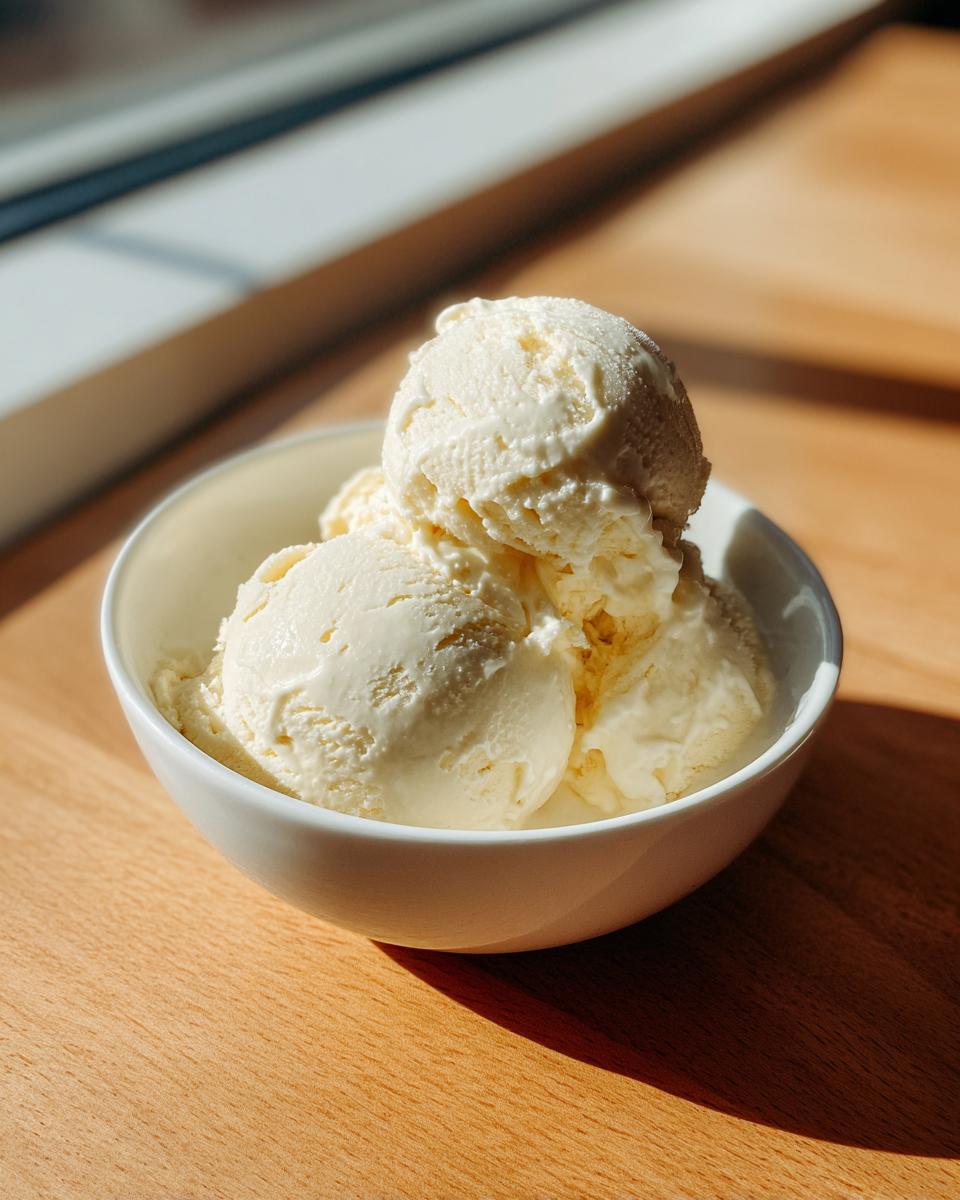Three scoops of creamy vanilla protein ice cream served in a small white bowl on a wooden surface.