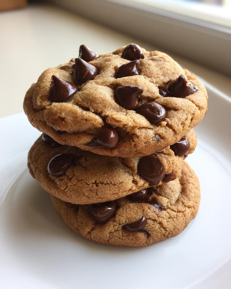 A stack of three soft, chewy vegan chocolate chip cookies loaded with melted chocolate chips.