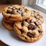 A close-up stack of four perfectly baked vegan chocolate chip cookies with melted chocolate chunks on a white plate.