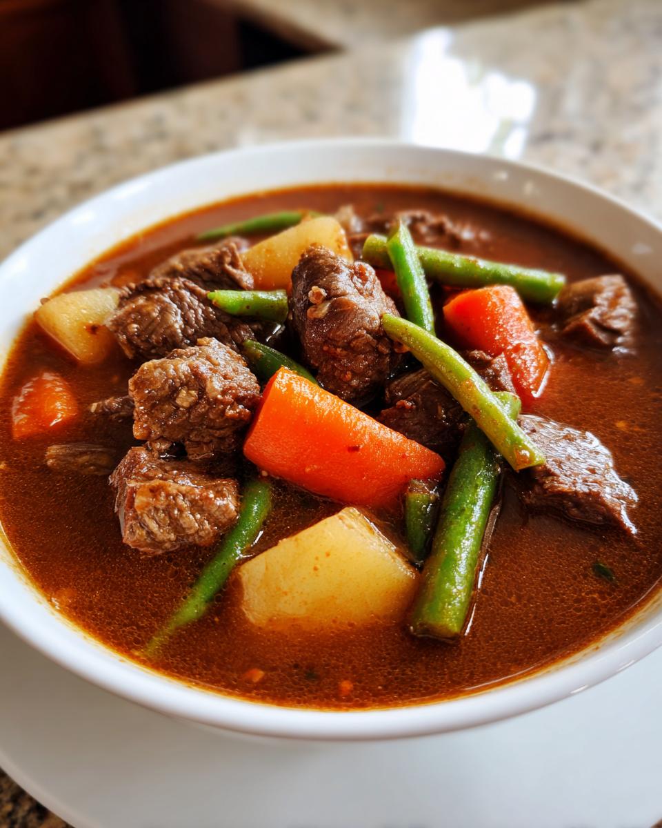 Close-up of a rich, dark broth vegetable beef soup featuring tender beef chunks, bright orange carrots, potatoes, and green beans.