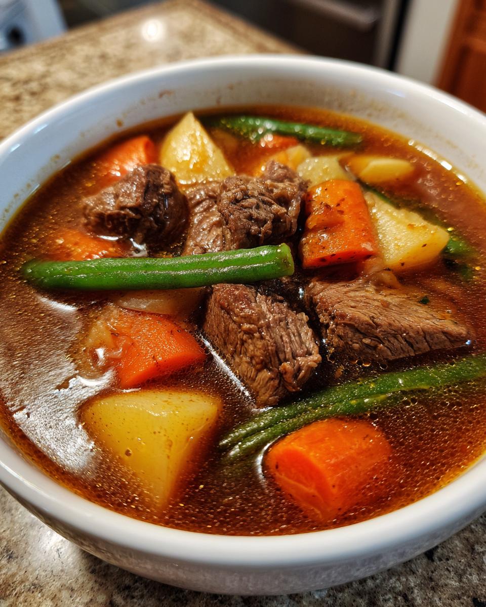 Close-up of a white bowl filled with rich vegetable beef soup featuring chunks of beef, carrots, potatoes, and green beans.