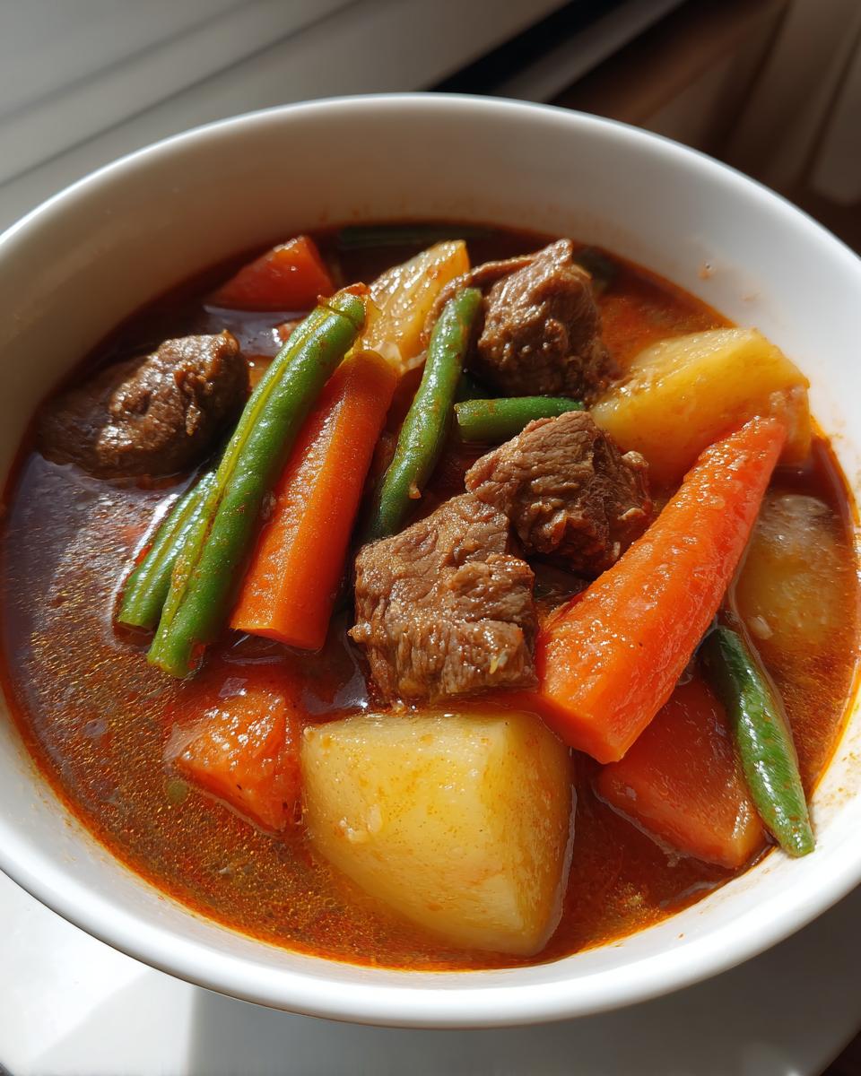 Close-up of a white bowl filled with rich, red broth vegetable beef soup featuring chunks of beef, potatoes, carrots, and green beans.