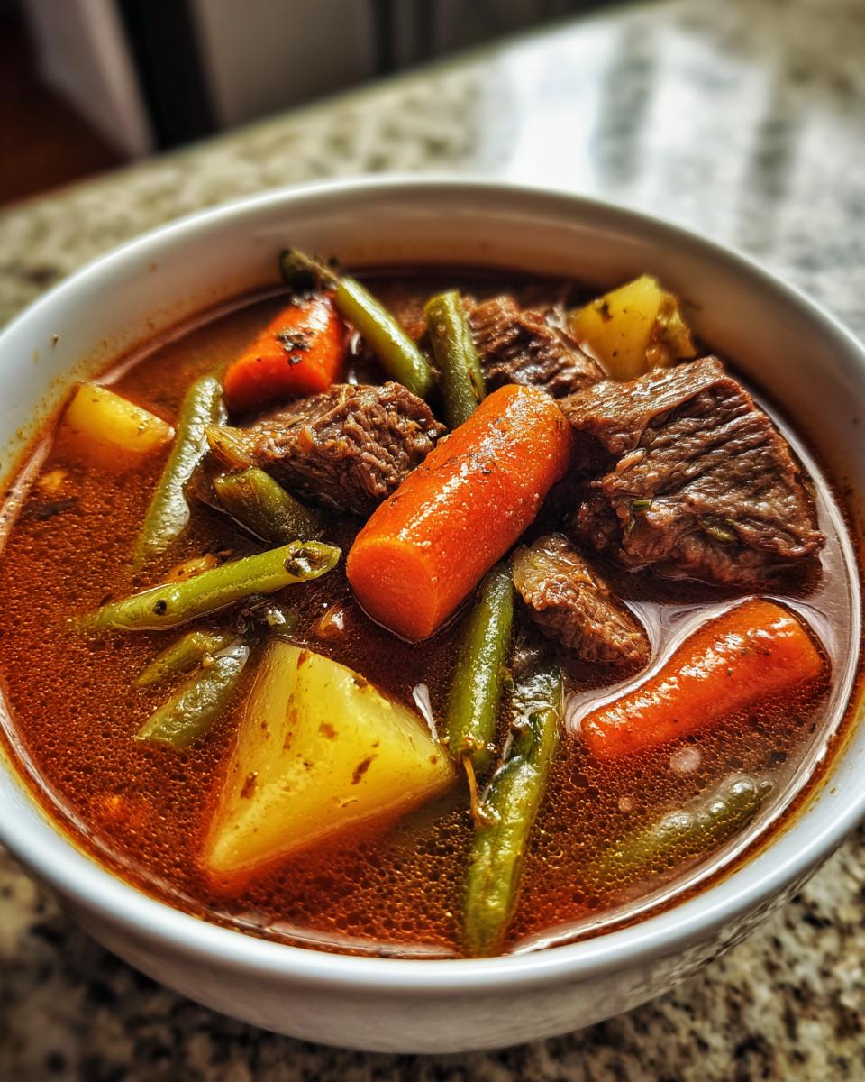 Close-up of a white bowl filled with rich, savory vegetable beef soup featuring chunks of beef, carrots, potatoes, and green beans.