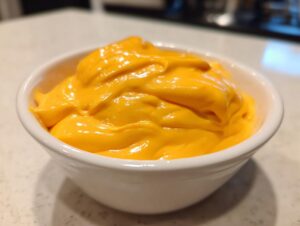 Close-up of thick, bright orange, homemade nacho cheese sauce filling a small white bowl.