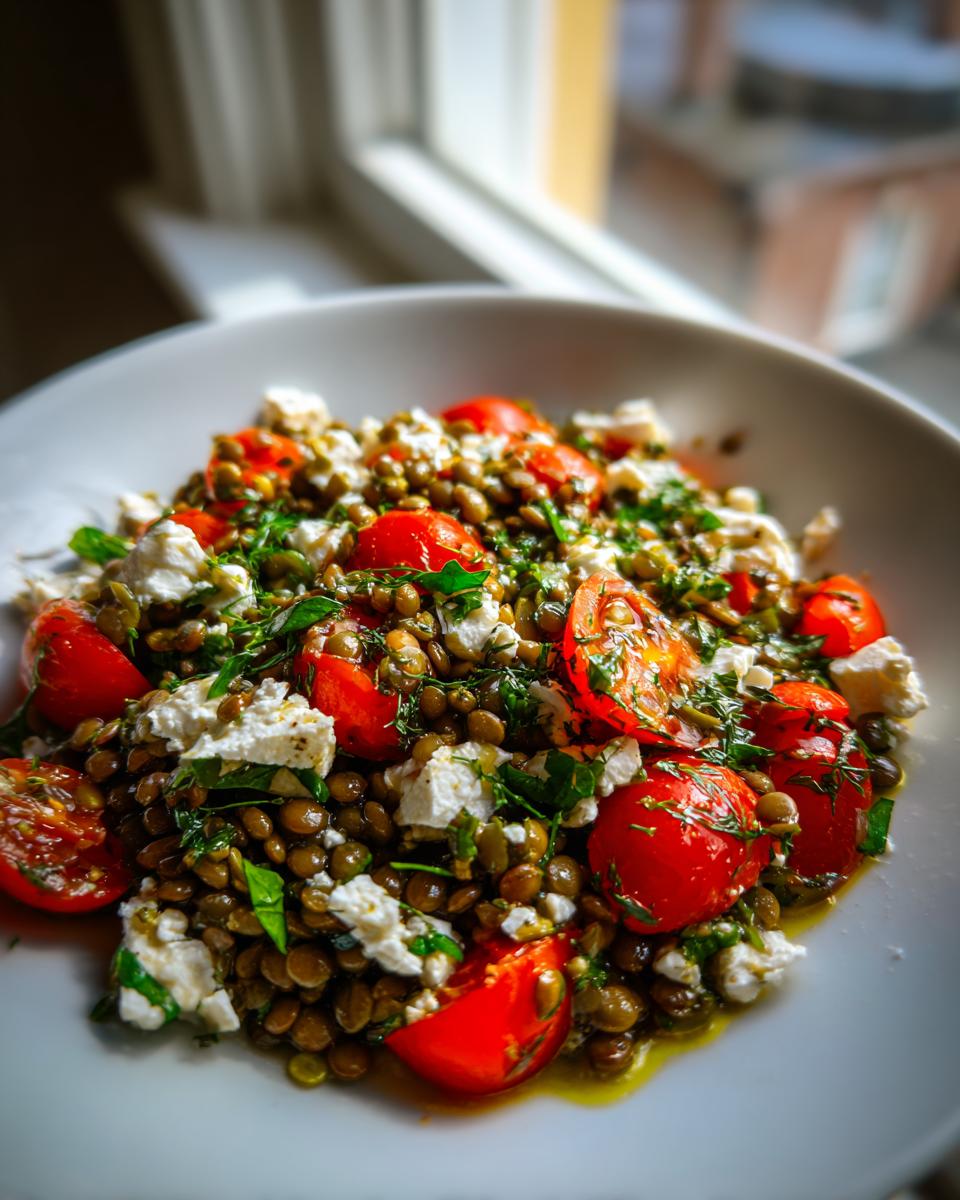 Close-up of a vibrant lentil salad mixed with halved cherry tomatoes, crumbled feta cheese, and fresh herbs.