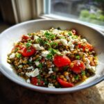 A close-up of a vibrant lentil salad topped with cherry tomatoes, crumbled feta cheese, and fresh parsley.