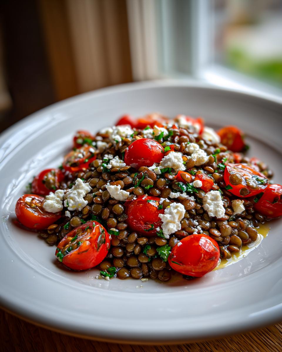 Close-up of a vibrant lentil salad mixed with halved cherry tomatoes and crumbled white feta cheese.