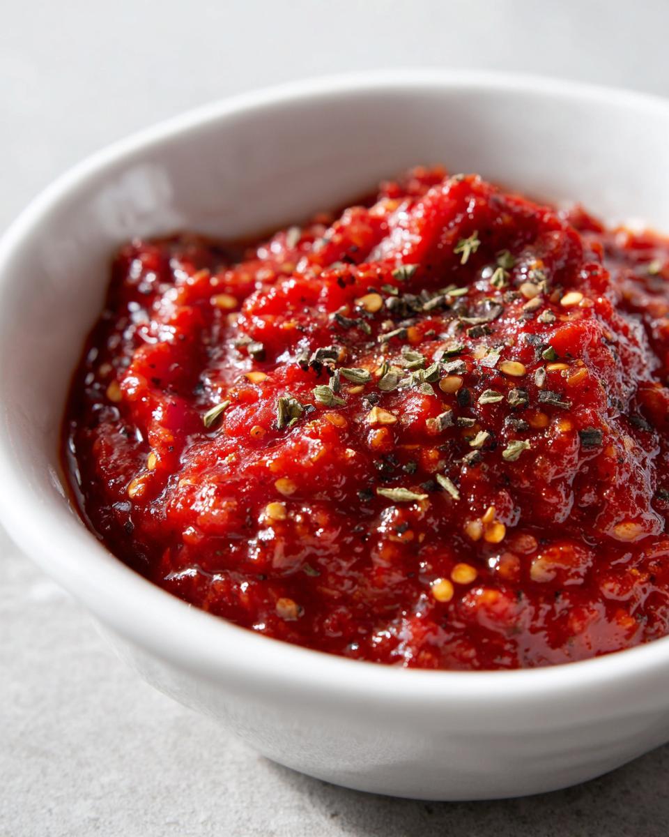 Close-up of rich, chunky red pizza sauce seasoned with dried herbs and chili flakes in a white bowl.