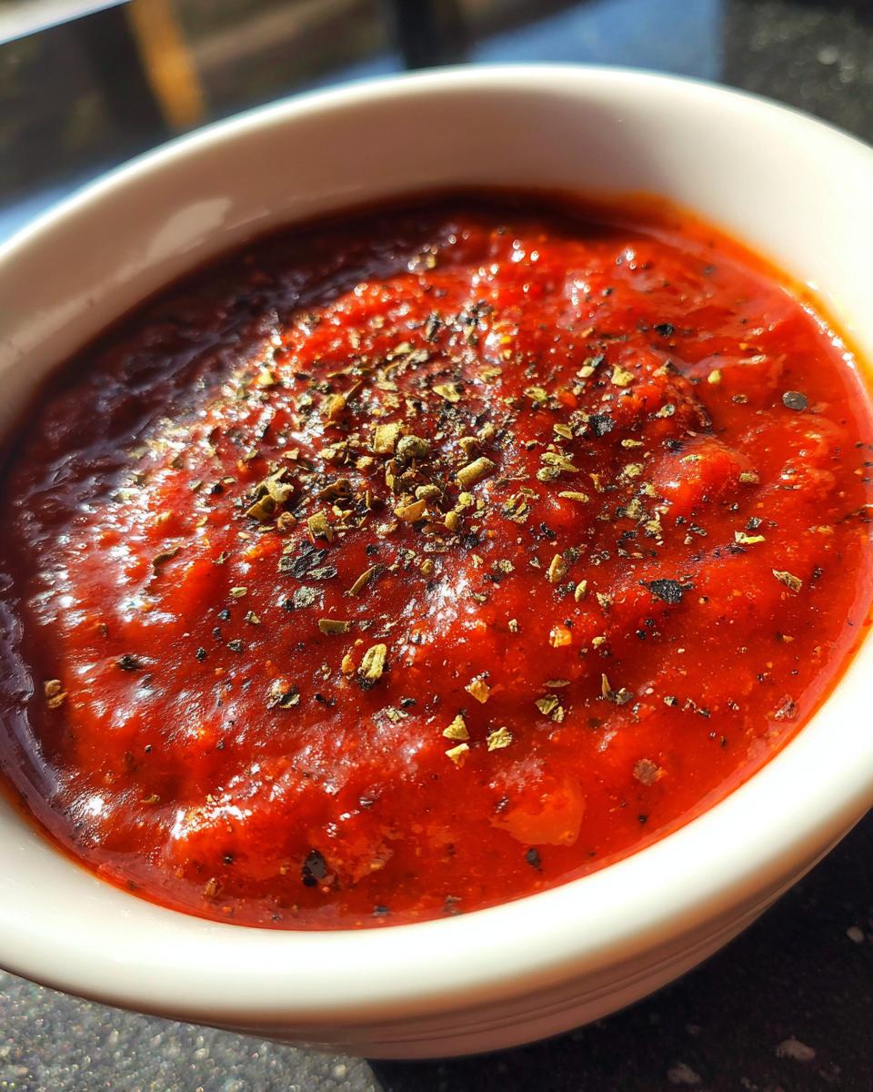 Close-up of rich, red homemade pizza sauce in a white bowl, generously topped with dried herbs like oregano.