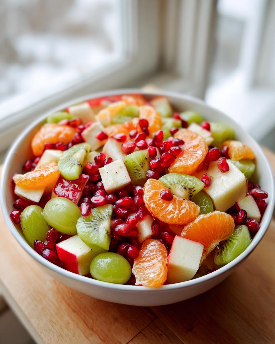 Close-up of a vibrant winter fruit salad featuring kiwi, mandarin segments, grapes, pomegranate seeds, and apple chunks.