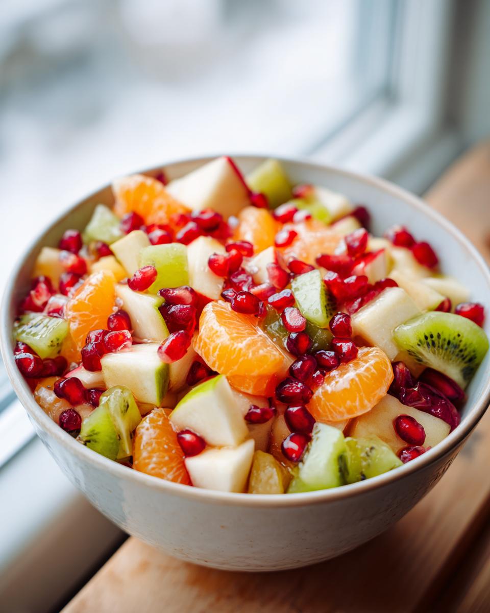 Close-up of a colorful winter fruit salad featuring kiwi, apple, mandarin segments, and bright pomegranate seeds.