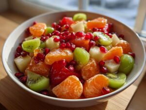 Close-up of a vibrant winter fruit salad featuring kiwi, mandarin oranges, and pomegranate seeds in a white bowl.
