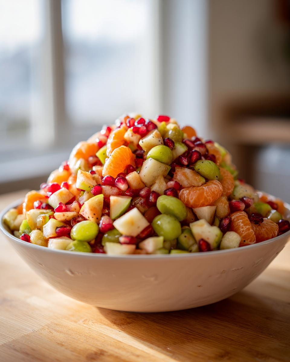 A vibrant bowl overflowing with a colorful winter fruit salad featuring pomegranate seeds, mandarin segments, green grapes, and diced apples.